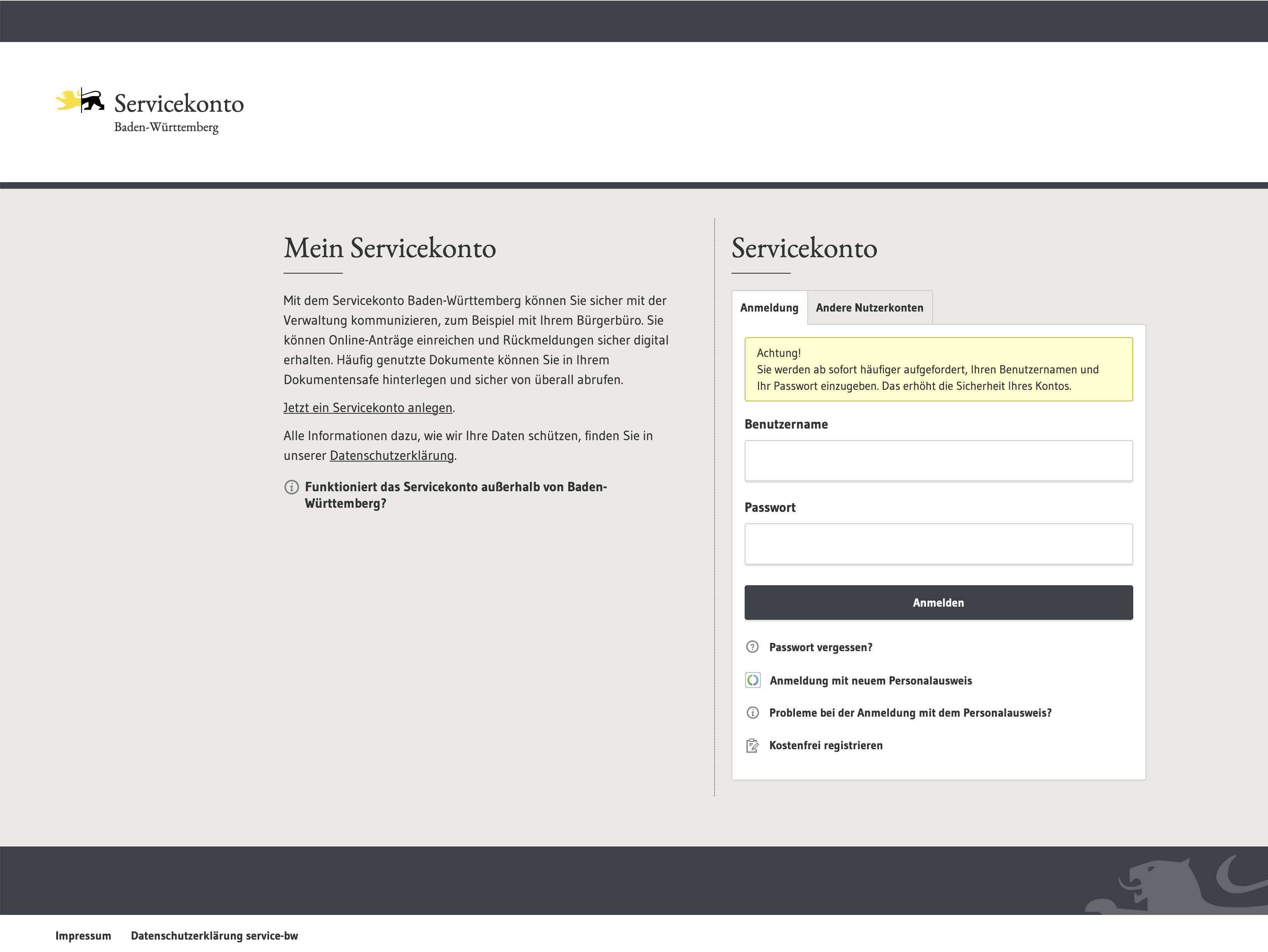 Service-Konto Screenshot